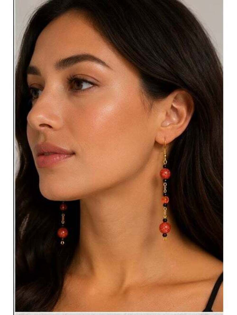 Long Dangle Beaded Earrings with Red and Black Beads